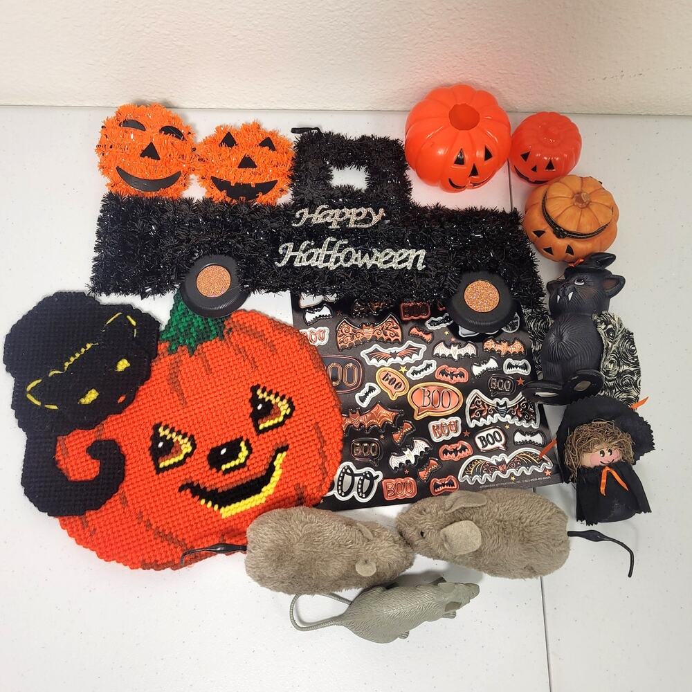 Halloween Decor Lot Pumpkin Cat Witch Mouse Spider Fabric Kitsch
